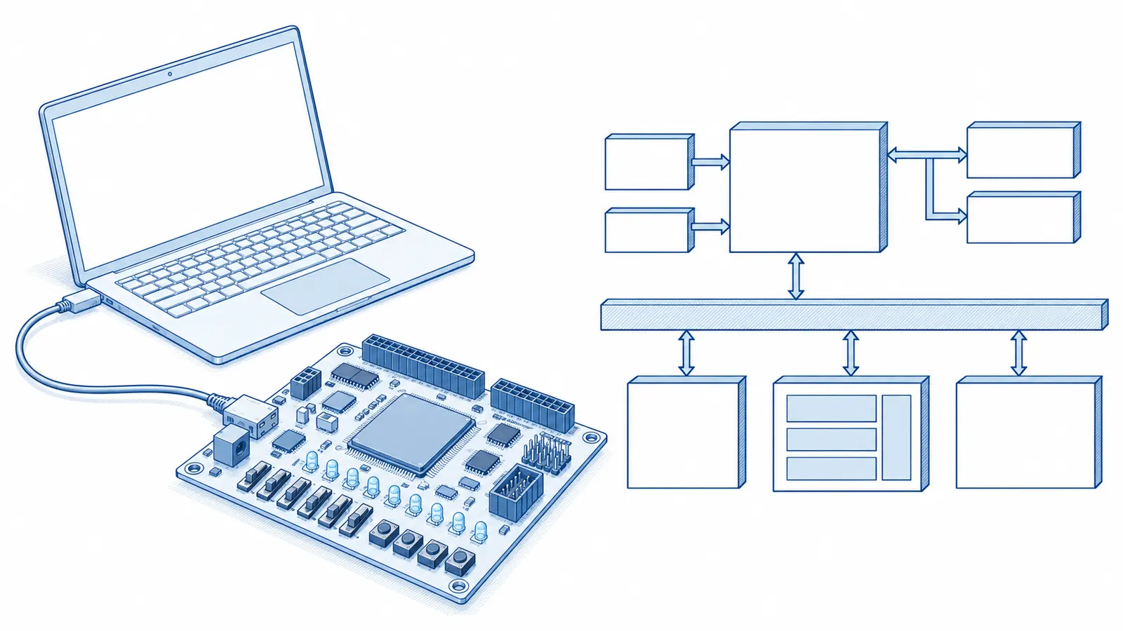 An 8-bit core on an FPGA board, beside its block diagram.