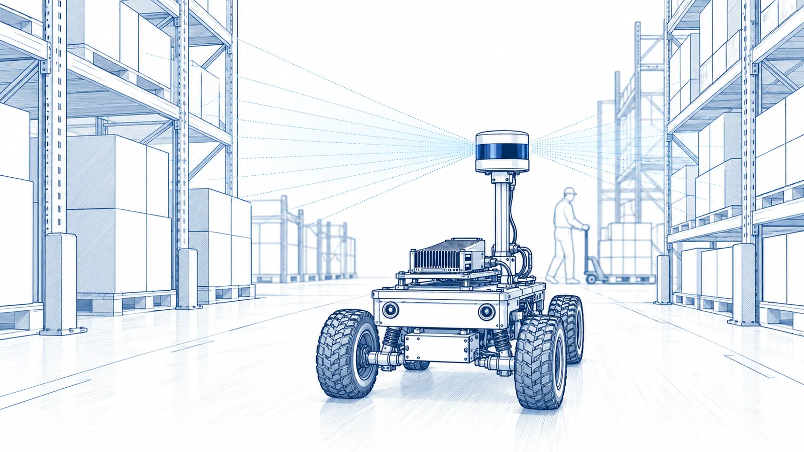 A LiDAR rover mapping a warehouse aisle, one of the two application cases.