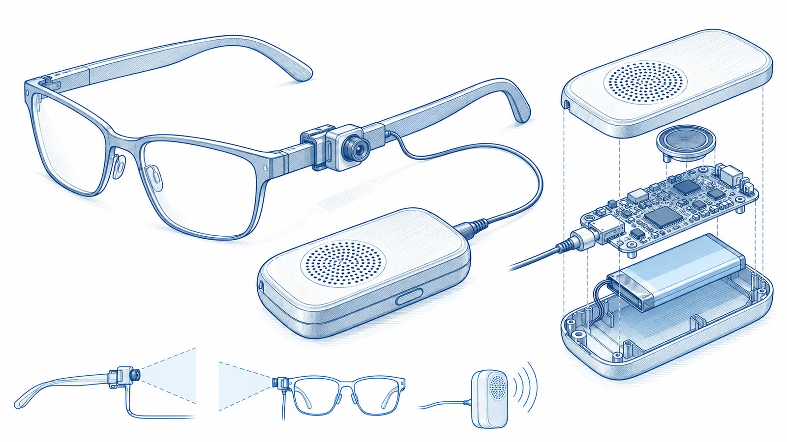 SEBAI's form: a camera on the glasses, wired to a handheld unit with a speaker.