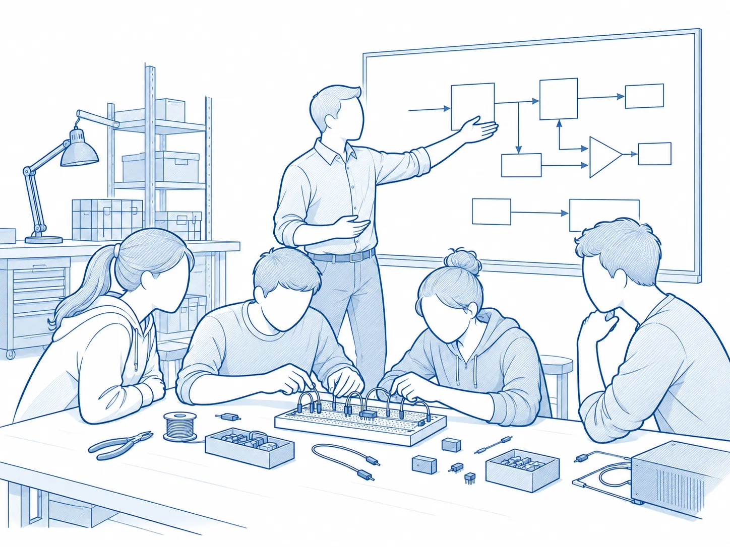 A student mentoring session around an electronics prototype.