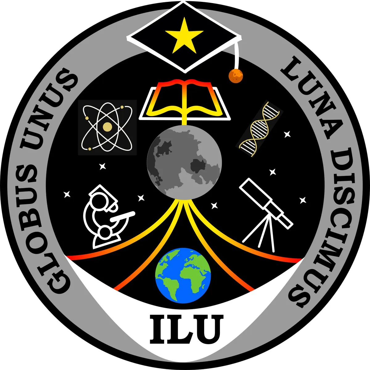 Circular mission patch: the Moon above the Earth, joined by lines, with a mortarboard, an open book, an atom, DNA, a microscope and a telescope, and the letters ILU.