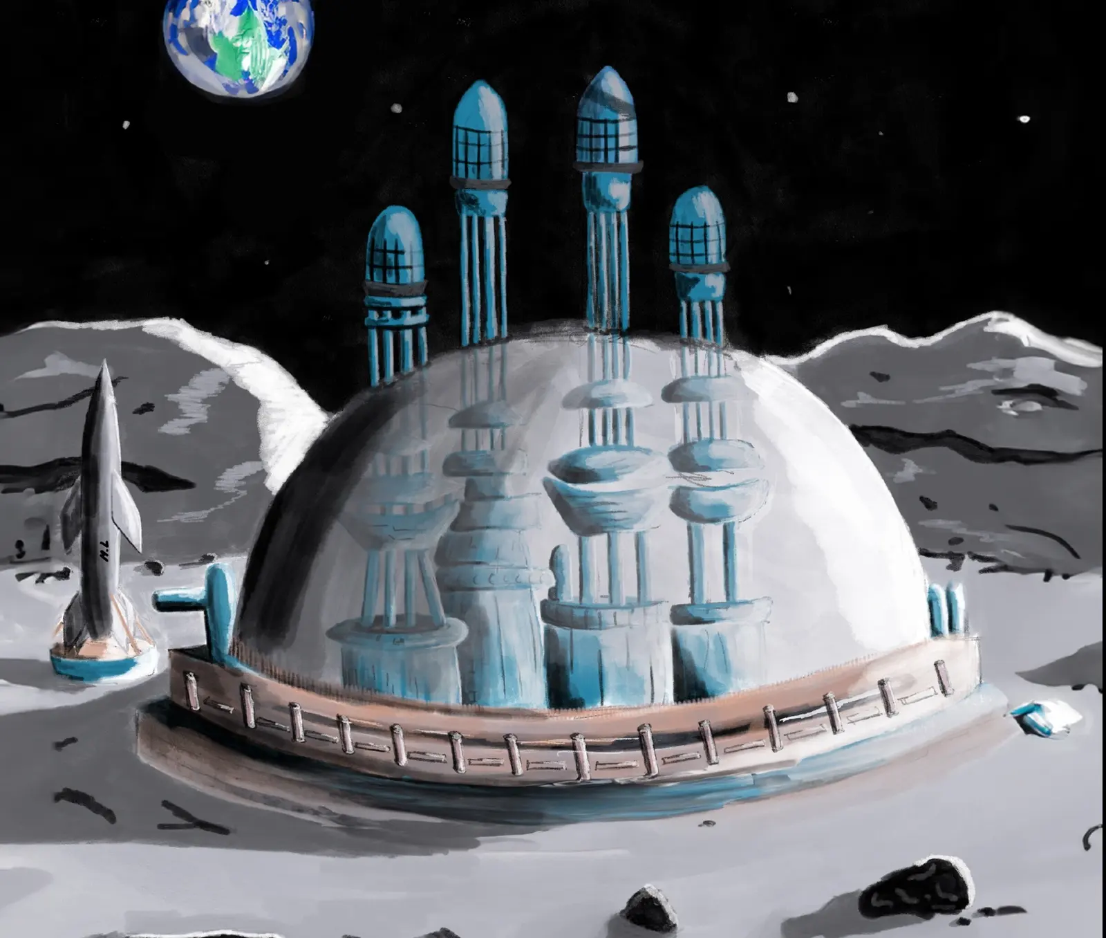 Cover artwork of the International Lunar University final report: a domed lunar campus.